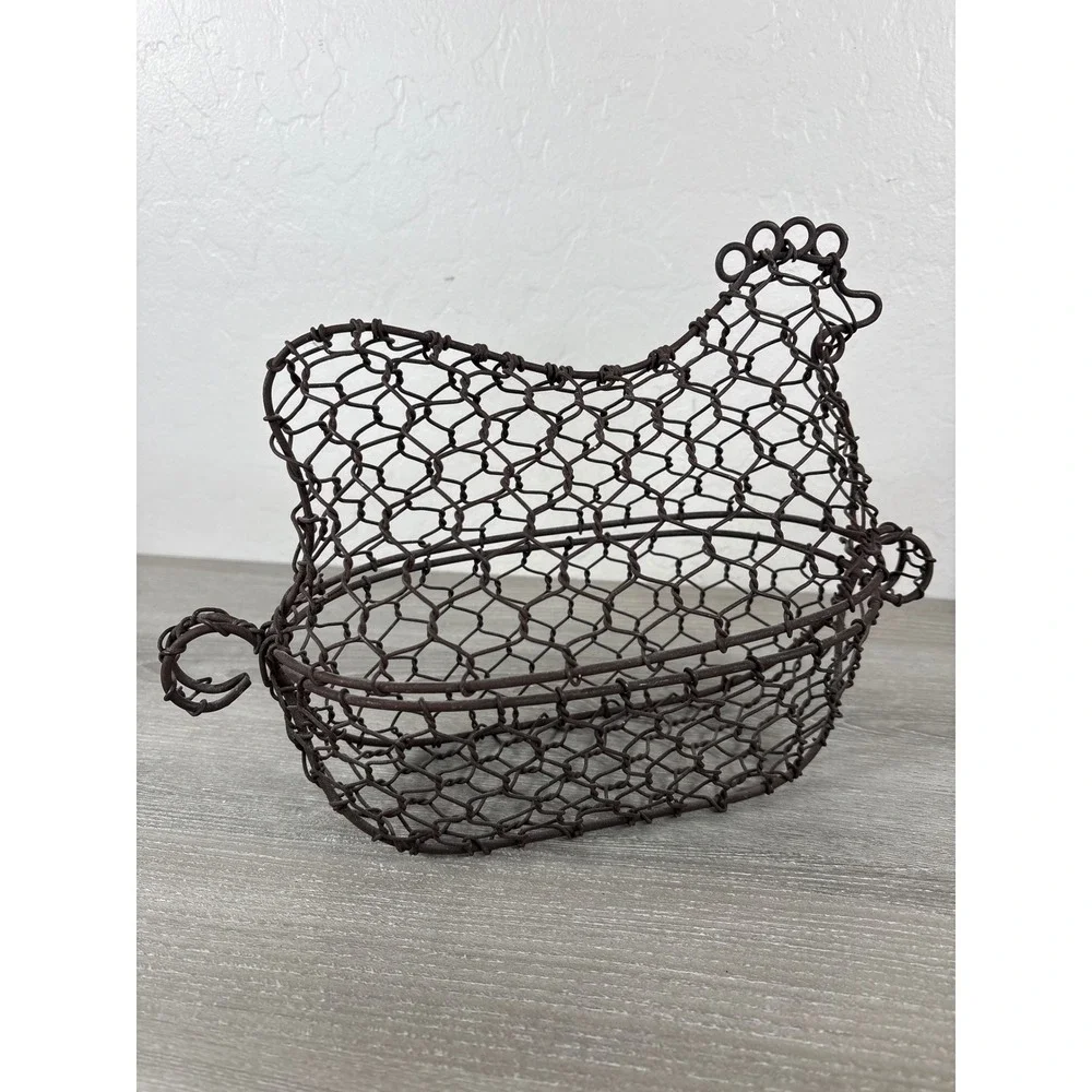 Vintage Rustic Brown Metal Wire Chicken Egg Basket Farmhouse Hinged Lid Decor